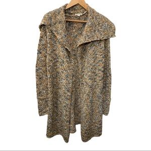 EST 1946 BOHO TAN GRAY WHITE CROCHET KNIT LONG OPEN FRONT LS CARDIGAN SZ LARGE